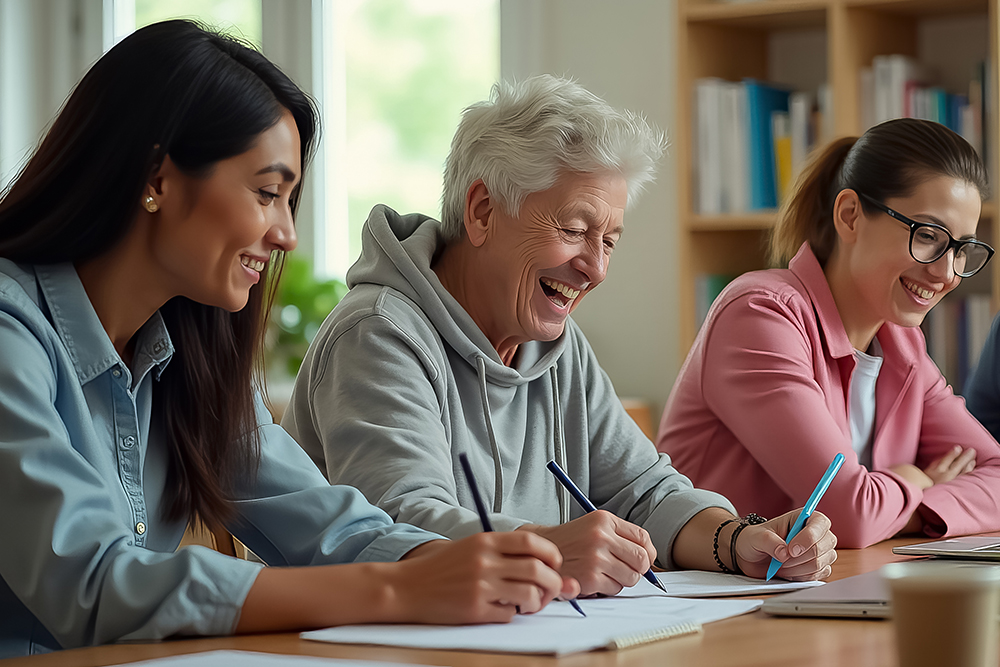 A group of people are sitting around a table, writing and smiling. Scene is happy and relaxed, as the people seem to be enjoying their time together